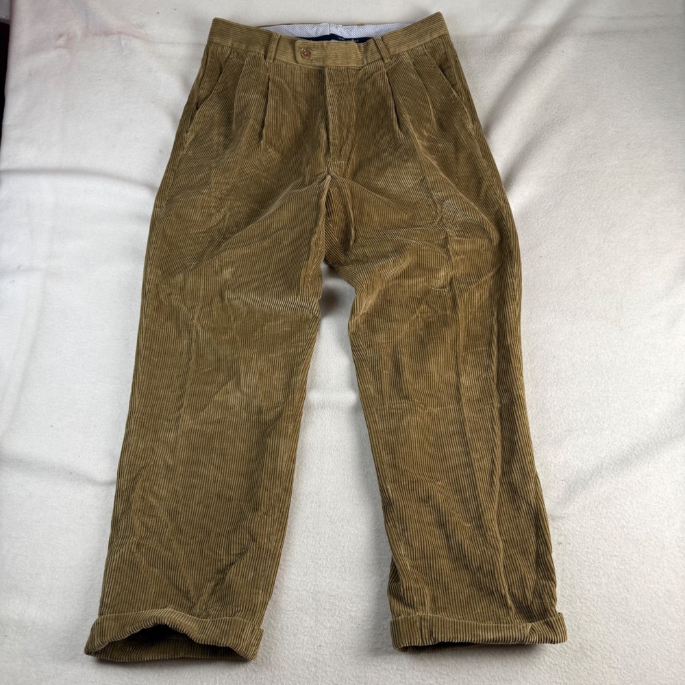 Grant Thomas Mens 34x32 Tan Pleated Corduroy Pants Cuffed Khaki Cotton Trousers